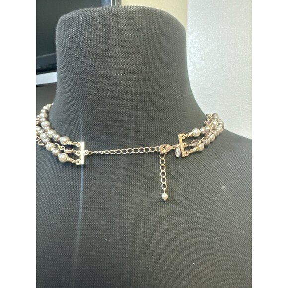 Roman And Sunstone Triple Strand Gray Pearl and Rhinestone Necklace 18 inch - Picture 4 of 5